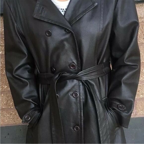 Y2K Long Leather Black Belted Jacket Rare Hoodie Trench Coat M - Picture 9 of 15
